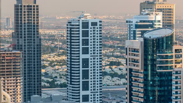 Dubai Marina and JLT Skyscrapers Aerial Skyline During Sunset Timelapse alt