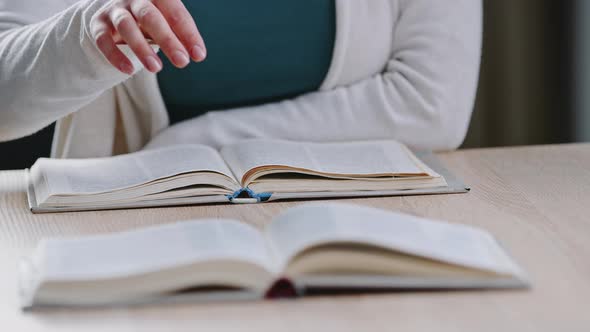 Closeup Unrecognizable Woman Student Caucasian Unknown Girl Sitting at Table University Home Reads alt