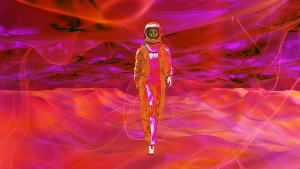 Astronaut's Walk on an Orange Mystical Planet