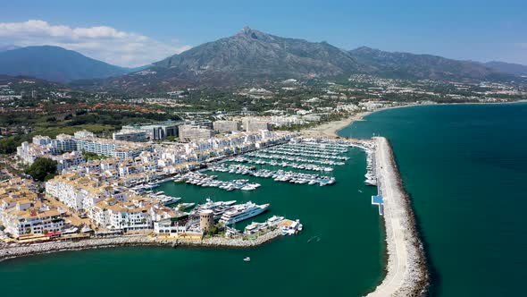 Aerial view of the harbour in Puerto Banus, Malaga, Spain. alt