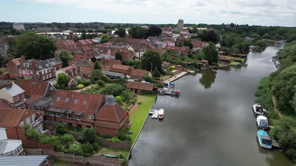 River Waveney, Beccles town in Suffolk UK drone aerial view alt