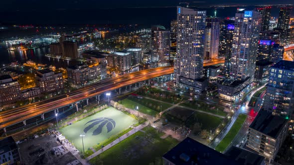 City Skyline at Night Car Traffic and Architecture Toronto