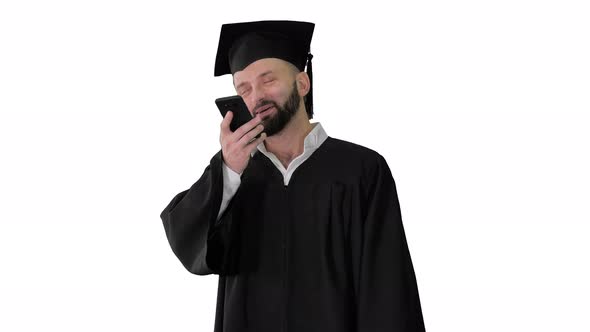 Mature Man Graduate Student Making Speakerphone Call on White Background alt