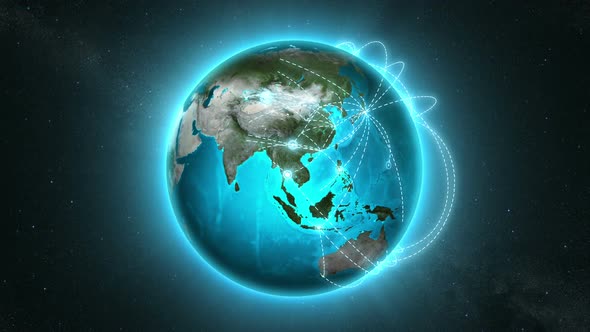 World connections with city lights. Cyan. Spinning Earth with light lines.