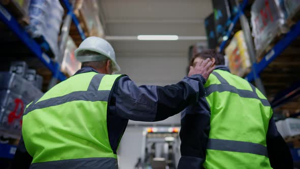 Back View of Experienced Senior Man Tapping Shoulder of Young New Worker in Warehouse alt