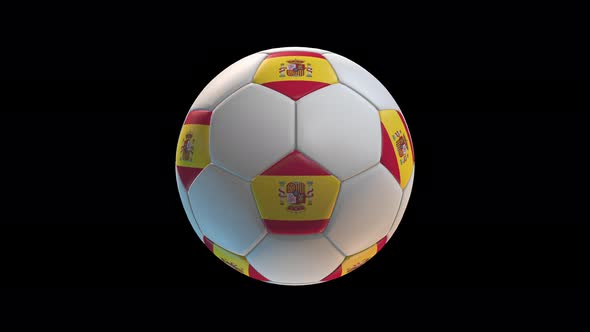 Soccer ball with flag Spain, on black background loop alpha