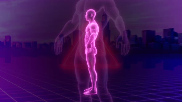 Retrofuturistic lowpoly human figure – Synthwave background