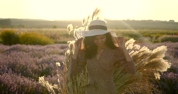 Indian Girl in Lavender Field on Sunset alt
