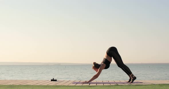 Woman Is Doing Yoga Poses in Dynamic, Down Face Dog and Upward Facing Dog Poses. alt