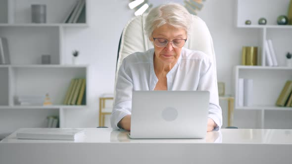Senior lady secretary with grey hair and glasses in elegant suit types on laptop alt