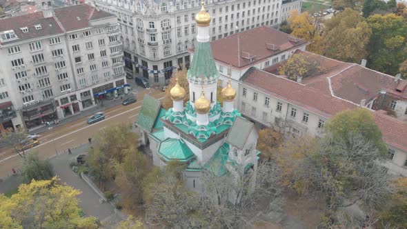 4k Aerial footage of the Russian Church of St Nicholas in Sofia, Bulgaria - Drone shot alt