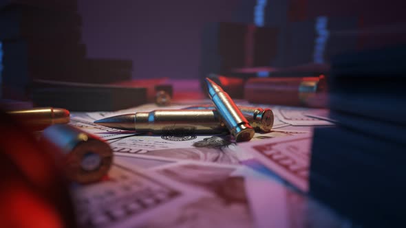 Ammo bullets in the middle of mafia table stacked with cash. Neon lights. 4KHD alt