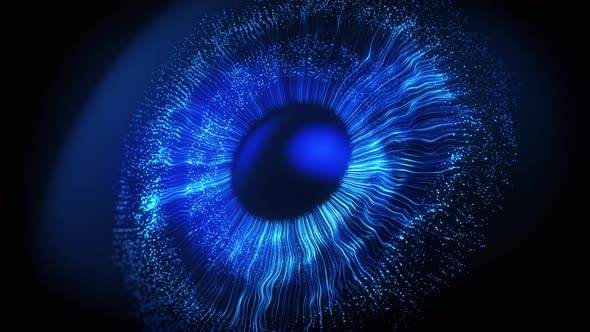 Abstract blue light explosion that expands in space forming a human eye.