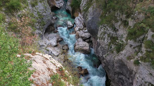 Aerial view on the Mountain River Soca in the Triglav National Park at the Slovenia