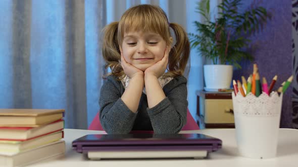 Preschool Child Girl Distance Online Education at Home Pupil Studying with Teacher Using Laptop alt