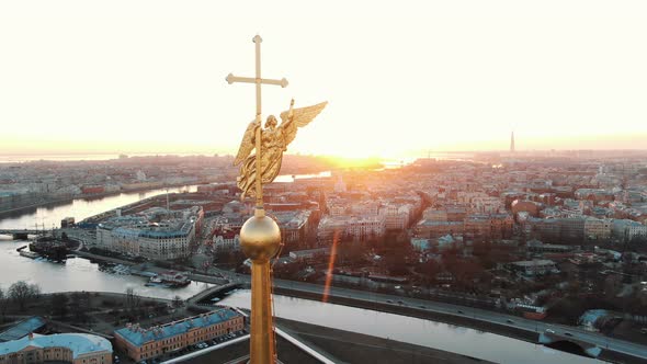 Awesome Flight on Drone Over the Peter and Paul Fortress in St. Petersburg at Sunset alt