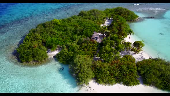 Aerial drone view sky of tranquil tourist beach trip by clear ocean with white sand background of a  alt