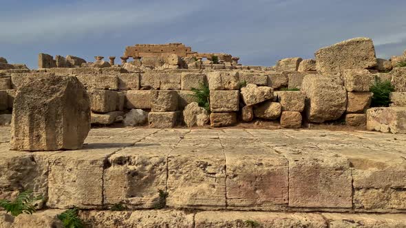 First-person pov of Selinunte archaeological park in Sicily with no people, Italy. Slow-motion alt