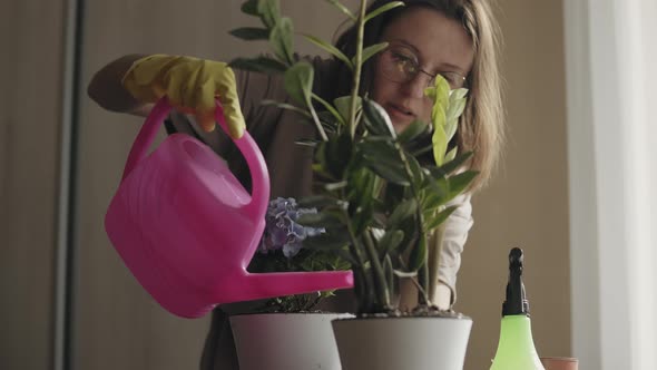 Young Woman Watering Green Plant in Pot