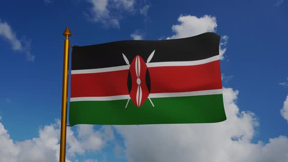 National flag of Kenya waving with flagpole and blue sky timelapse alt