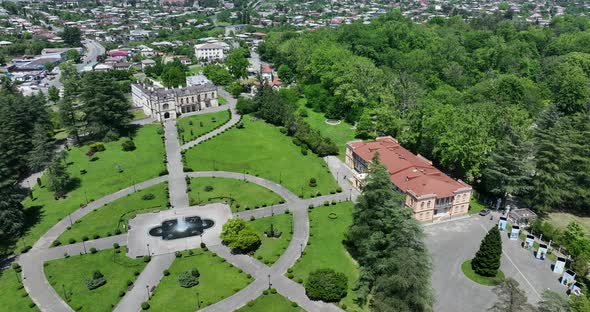 Zugdidi, Georgia - May 30 2022: Aerial view of Dadiani Palace in the center of Zugdidi city alt