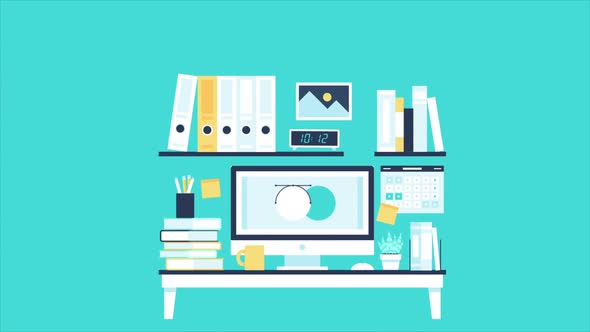 Mordern Colorful Office. Cartoon Workplace Mordern Desk With Computer And Laptop. Offcie Work Space alt