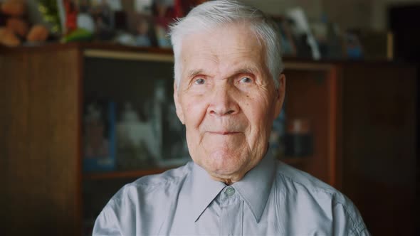 Portrait of senior old 90 years man with gray hair, looking at camera calmly	 alt
