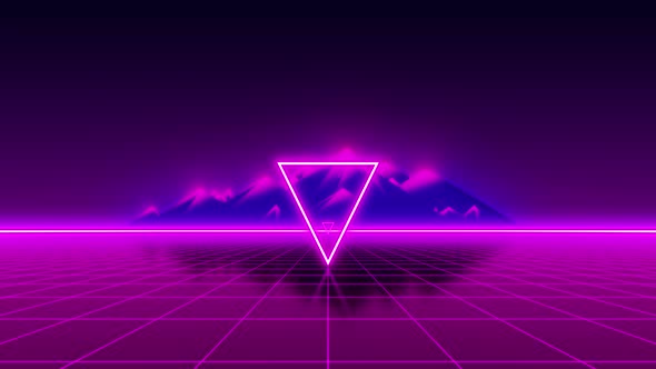 Retro 80s background with neon triangle and mountain