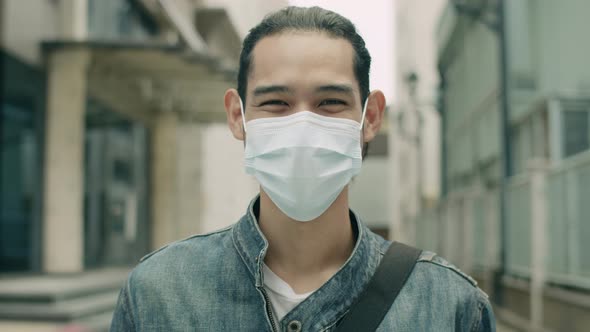 Portrait of an Asian man wearing a face mask against air pollution and covid-19 pandemic.