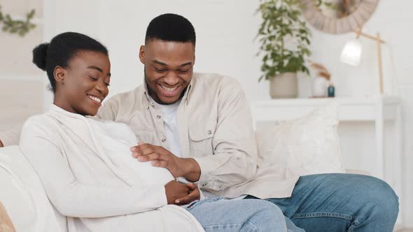 Happy African American Family Married Afro Ethnic Couple Caring Black Husband Stroking Pregnant alt