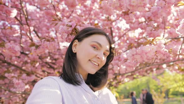 Portrait of woman, looking at camera and have fun while standing among branches blossom cherry tree alt