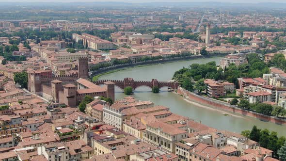 Aerial view of The Castel Vecchio Bridge or Scaliger Bridge in Verona, Italy alt