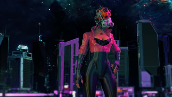 cyborg female standing in futuristic city