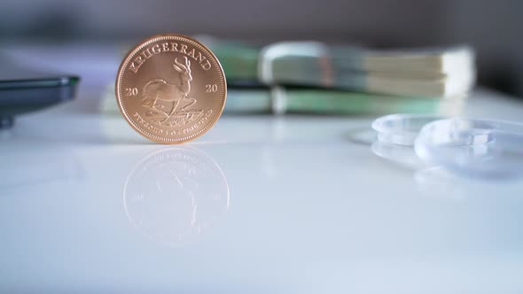 South African Krugerrand Coin in a Vertical Position  Official Currency of Poland alt