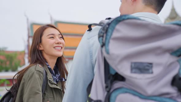 Asian attractive romantic couple travel in the city for honeymoon trip on holiday vacation together alt