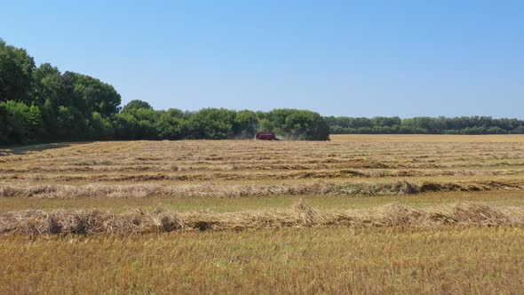The harvester is threshing wheat. alt