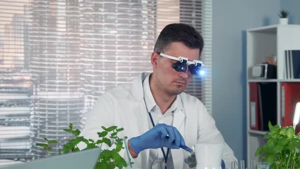 Botanist in Magnifying Glasses Learning Some Type of Plant in Big Modern Lab alt