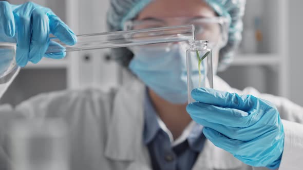Laboratory Assistant Doctor Girl Pours Water Into A Glass Test Tube Water. Conducting An Experiment alt