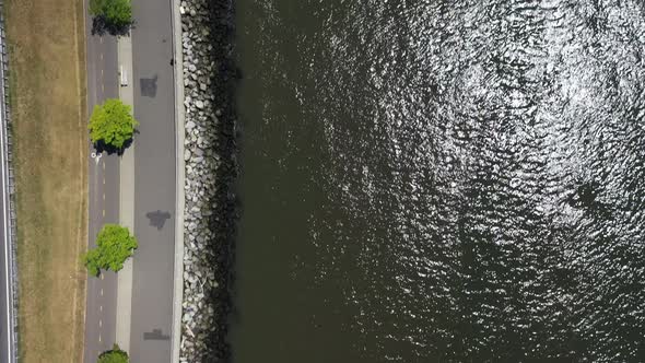 A top down view over the stoney shores of Lower New York Bay near Shore Parkway in Brooklyn. It is a alt
