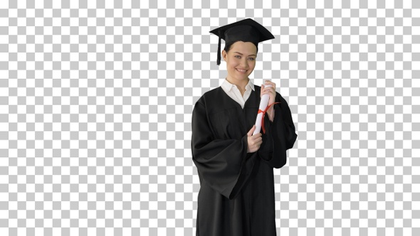 Smiling female student in graduation robe, Alpha Channel alt