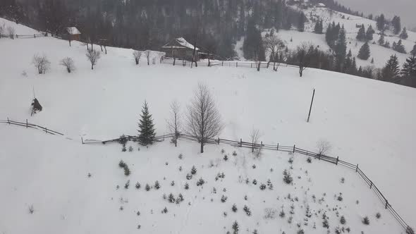 Calm and cosy fairy-tale village Kryvorivnia covered with snow in the Carpathians mountains alt