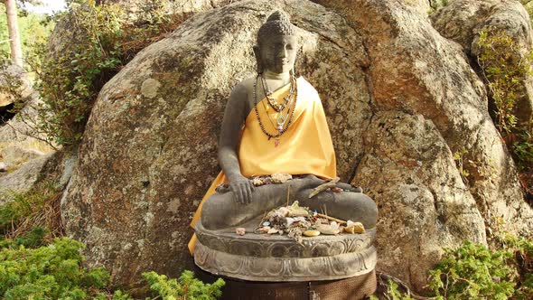 Buddha statue with small offerings around it at the stupa in Red Feather Lakes, CO alt