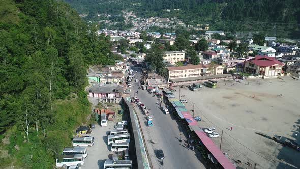 City of Uttarkashi in the state of Uttarakhand in India seen from the sky alt