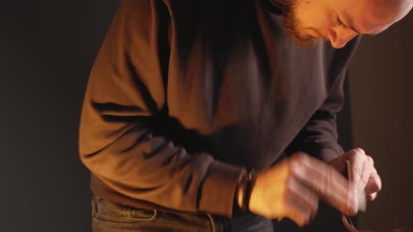 Tanner Makes Genuine Leather Wallet Professional Craftsman Closeup Indoor Authentic Business alt