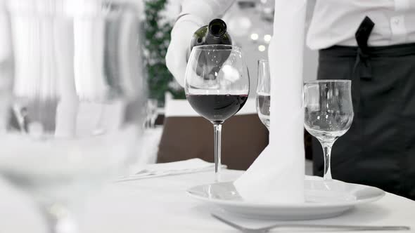 Male Waiter in White Gloves Pours Red Wine Into a Glass alt