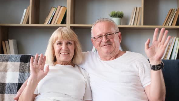Happy Grandparents in Love Waving Hello Watching Webcam They are Looking at the Camera Talking alt