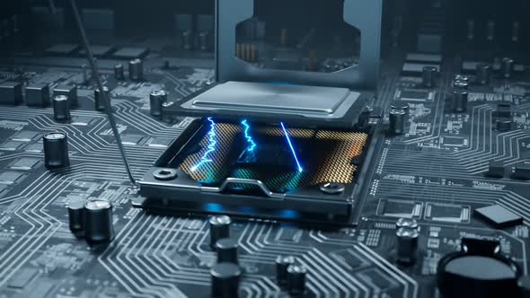 Impressive animation shows connecting the processor to the motherboard in pc. alt