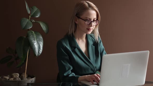 Stylish woman in green cloth working with laptop computer