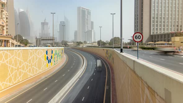 Dubai Financial Centre with Skyscrapers Timelapse alt