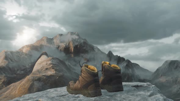 Hiking Boots On Rock Cliff In Front Of Mountain Surrounded By Fog alt